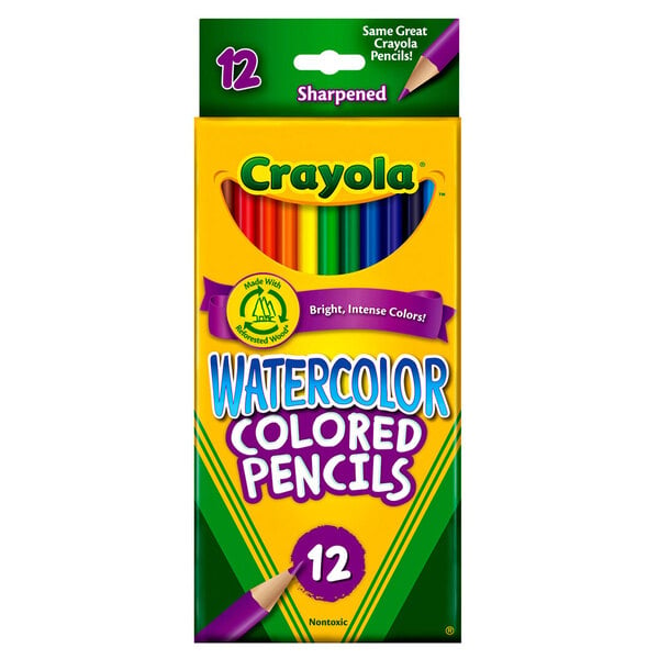 A Crayola box with a yellow and purple label that reads "12 Count Assorted Watercolor Pencils" containing 12 watercolor pencils.