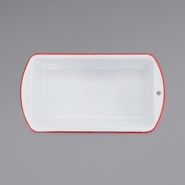 a white and red rectangular baking dish