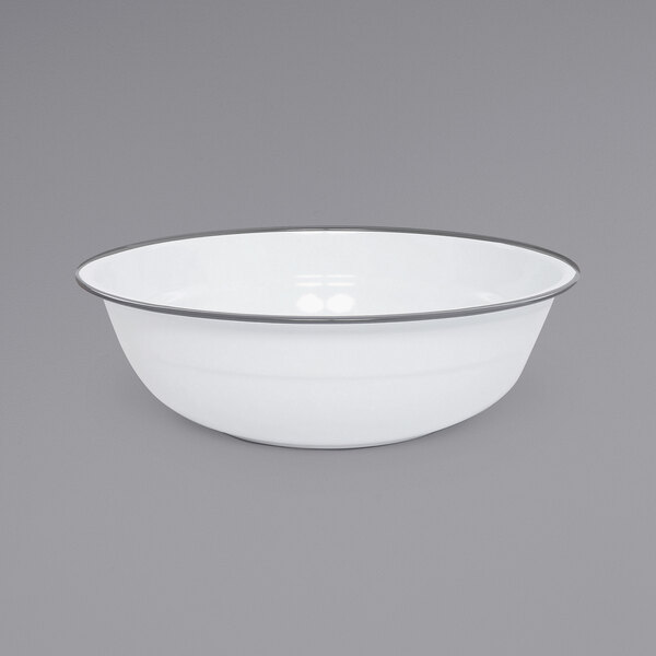 A white bowl with a grey rim.