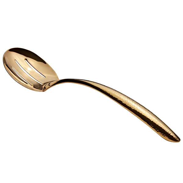 A Bon Chef gold stainless steel slotted spoon with a long handle.