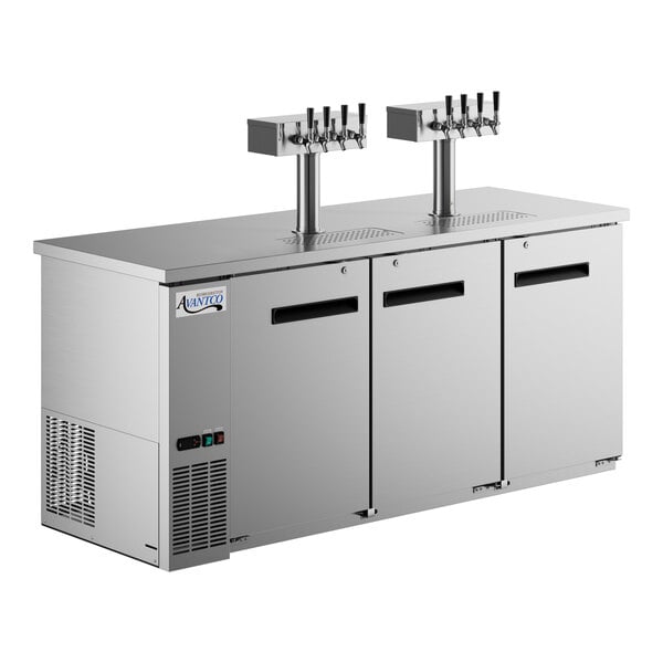 An Avantco stainless steel kegerator with quadruple tap towers.