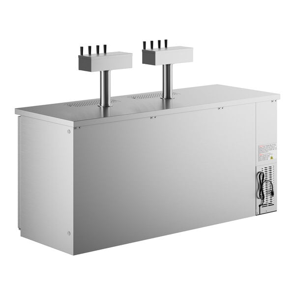 An Avantco stainless steel beer dispenser with two quadruple tap towers.