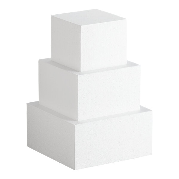 A three-tiered square white foam cake dummy kit.