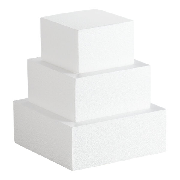 A three-tiered square white foam cake dummy kit.
