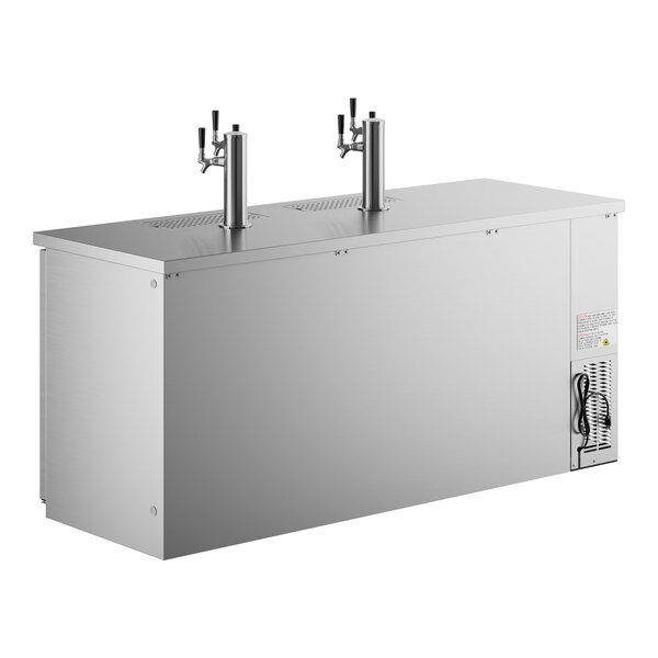 An Avantco stainless steel kegerator with two triple tap towers.