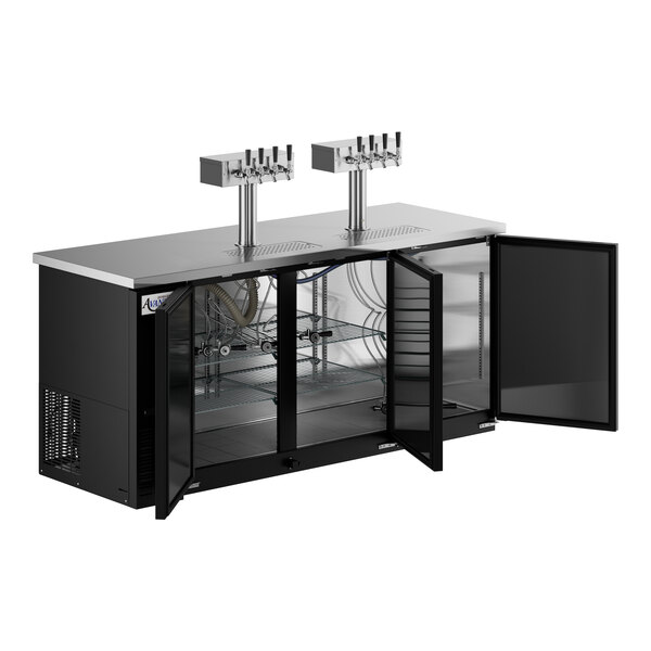 A black rectangular Avantco kegerator with two quadruple tap towers.