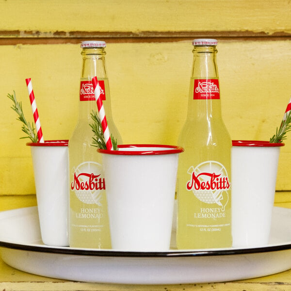 A white Crow Canyon Home enamelware tumbler with a red striped straw.