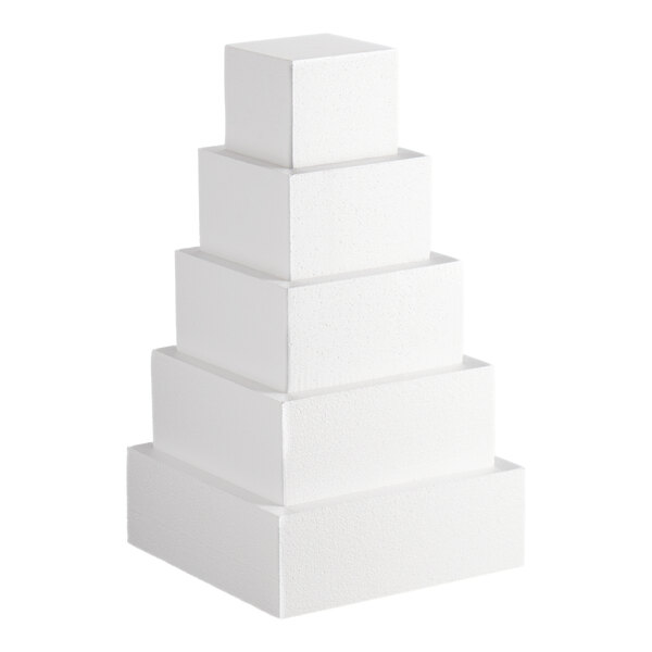 A five-tiered square white foam cake dummy kit.