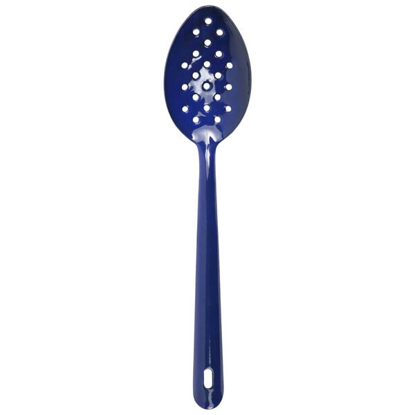 A blue Crow Canyon Home enamelware slotted spoon.