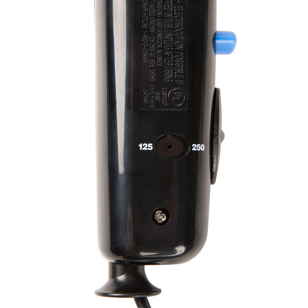 A black Conair hair dryer with blue buttons.