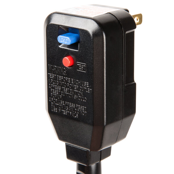 A black Conair hair dryer with a black power plug and red and blue buttons.