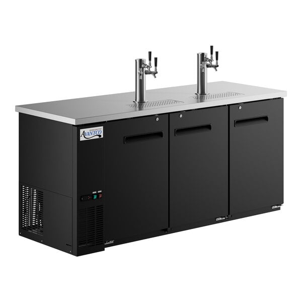 An Avantco black beer dispenser with two taps.
