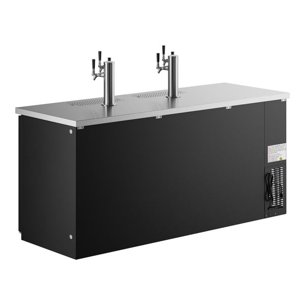 An Avantco black beer dispenser with two silver metal taps.
