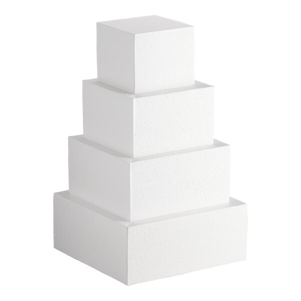 A four-tiered square white foam cake dummy kit.