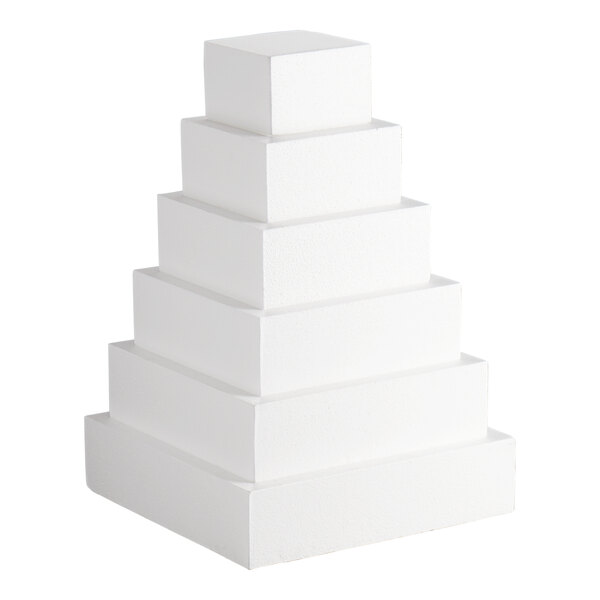 A six-piece square foam cake dummy kit stacked in a tiered formation.