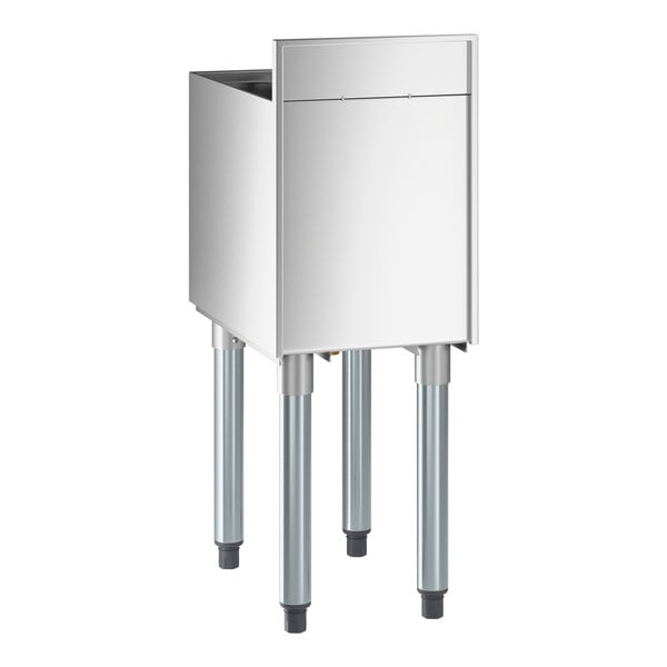 An 18-inch by 12-inch stainless steel underbar ice bin with bottle holders and a 35-pound capacity.