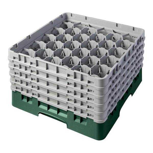 A white and green plastic Cambro glass rack with extenders.