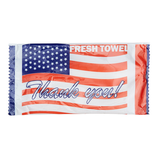 Fresh Towel 7 1/2" x 8" US Flag Premium Clean Scented Moist Towelette / Wet Nap Hand Wipe - 250/Case