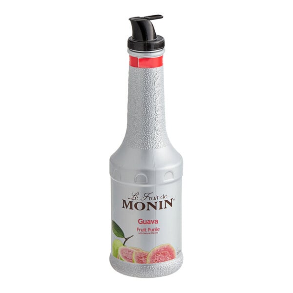 A Monin bottle of guava fruit puree with a black lid.