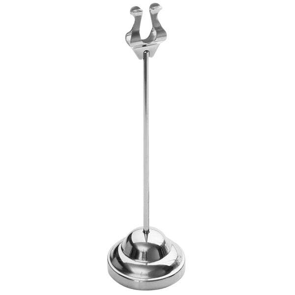An American Metalcraft stainless steel table card holder with a weighted base and two hooks.