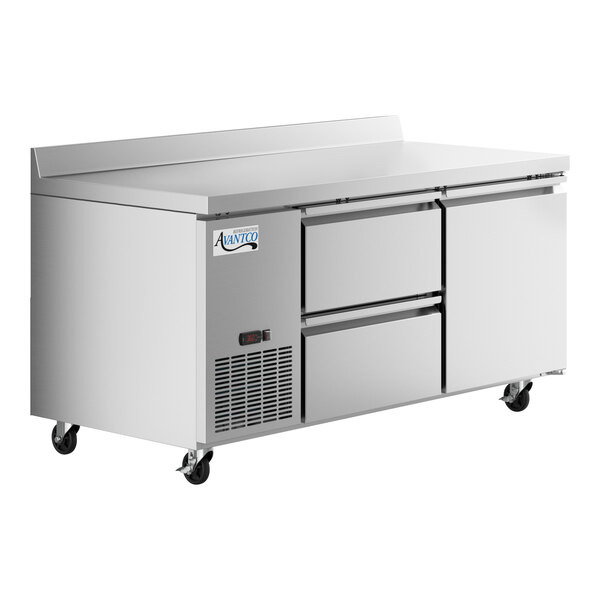 An Avantco stainless steel worktop refrigerator with 2 left drawers on wheels.