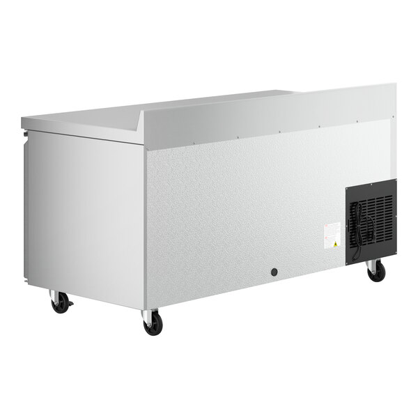An Avantco stainless steel worktop refrigerator with wheels and a door.