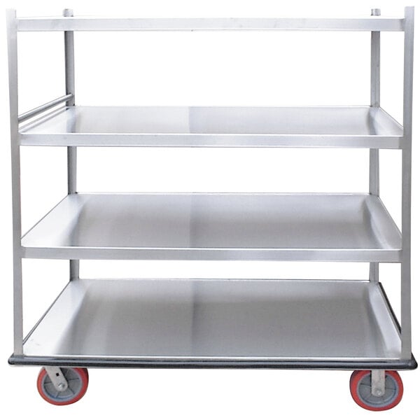 A stainless steel Winholt Queen Mary banquet service cart with 4 shelves on red wheels.