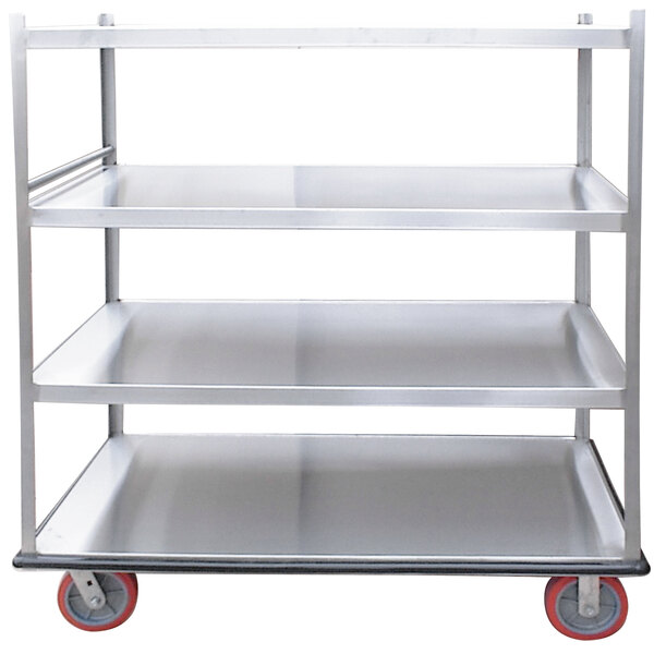 A silver metal Winholt Queen Mary banquet service cart with 4 shelves on red wheels.