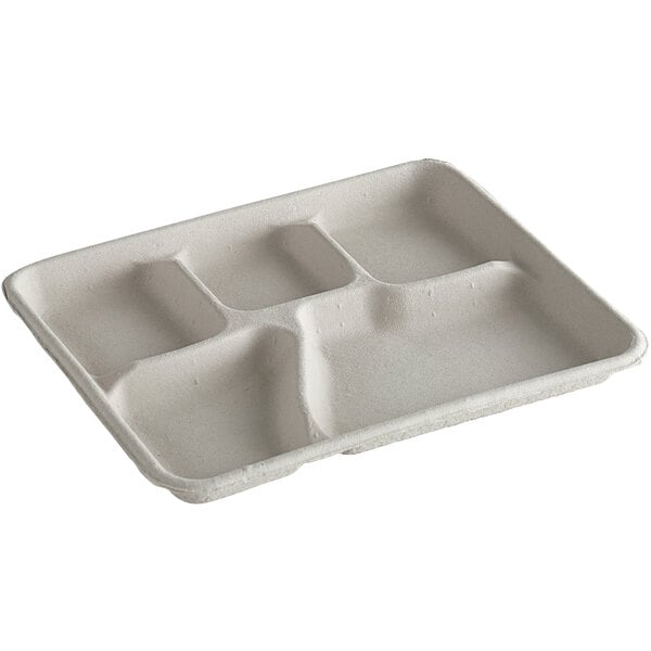 A white Huhtamaki Chinet cafeteria tray with four compartments.