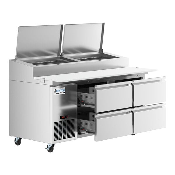 An Avantco stainless steel refrigerated pizza prep table with four drawers.