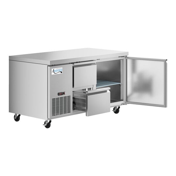 An Avantco stainless steel undercounter refrigerator with a door open.