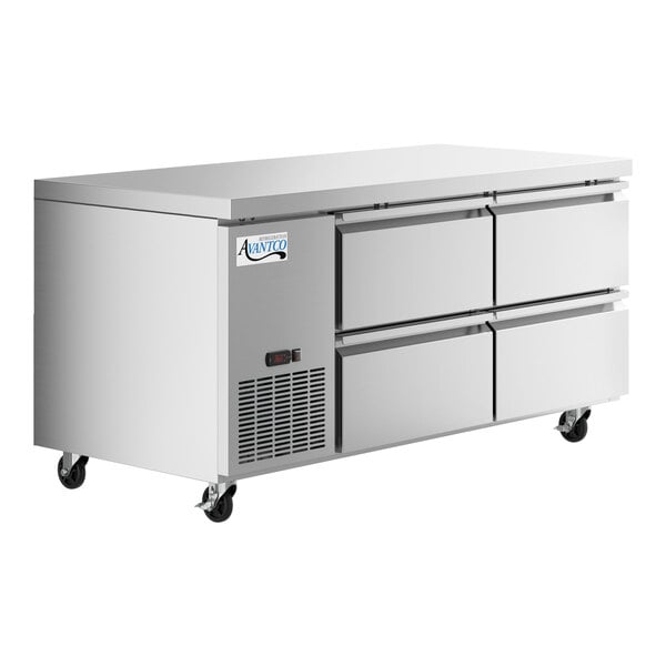 An Avantco stainless steel undercounter refrigerator with four drawers on wheels.