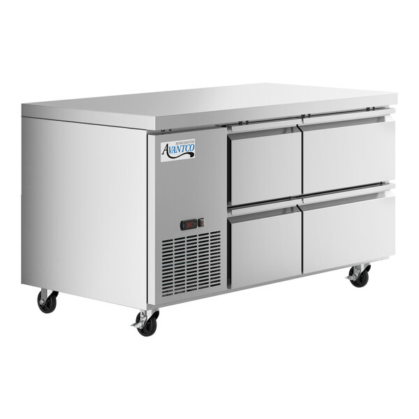 An Avantco stainless steel undercounter refrigerator with four drawers.