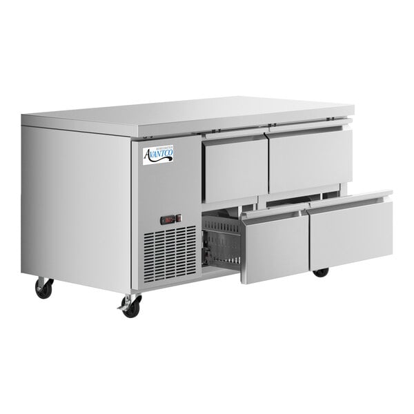 An Avantco stainless steel undercounter refrigerator with four drawers.