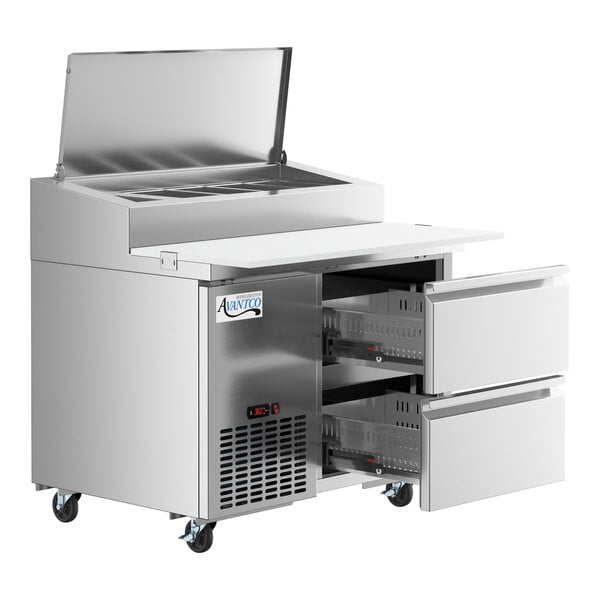 An Avantco stainless steel pizza prep table with two drawers.