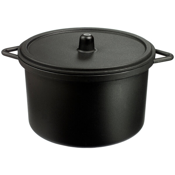 A black Solia plastic cooking pot with a lid.