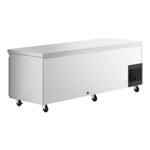 An Avantco stainless steel undercounter refrigerator with left drawers and a door on wheels.