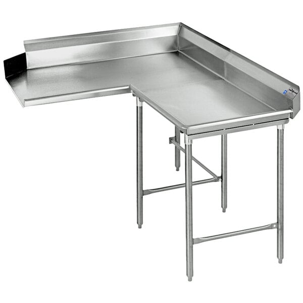 A close-up of a stainless steel corner on an Eagle Group stainless steel L-shape dishtable.