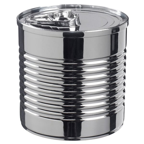 A Solia silver plastic tin can with a lid.