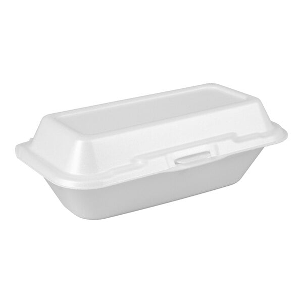 A white foam Dart hoagie container with a perforated hinged lid.