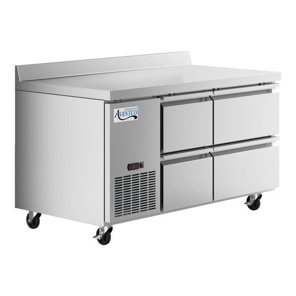 An Avantco stainless steel worktop refrigerator with four drawers on wheels.