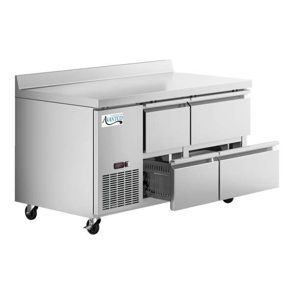 An Avantco stainless steel worktop refrigerator with four drawers.