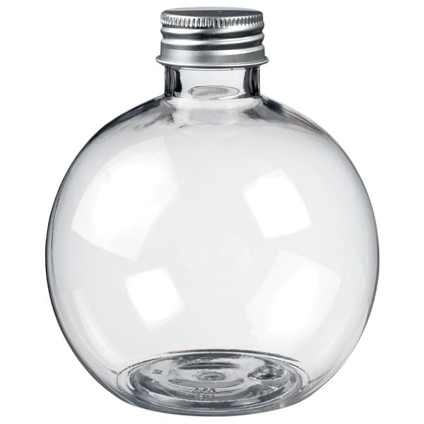 A Solia clear plastic flask with a silver cap.