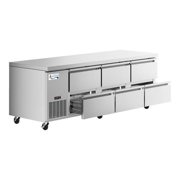 An Avantco stainless steel undercounter refrigerator with six drawers.