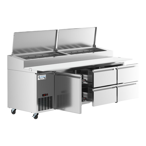 An Avantco stainless steel pizza prep table with 1 door and 4 drawers.