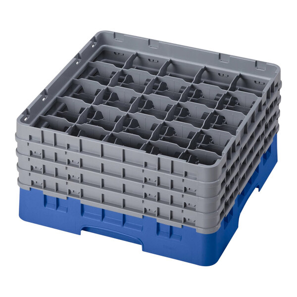 A blue plastic Cambro glass rack with 25 compartments and 4 extenders.