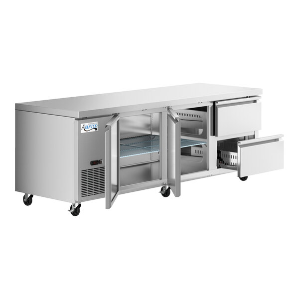 An Avantco stainless steel undercounter refrigerator with 2 drawers and 2 doors.