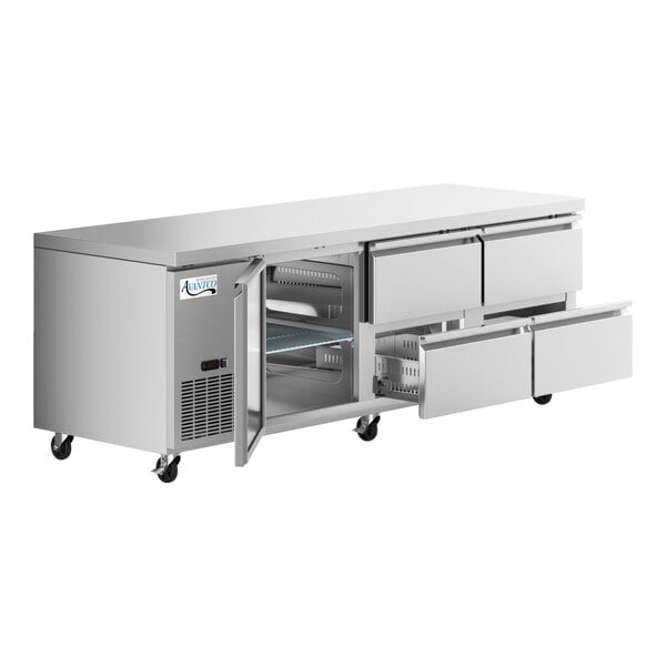 An Avantco stainless steel undercounter refrigerator with 4 drawers and 1 door.
