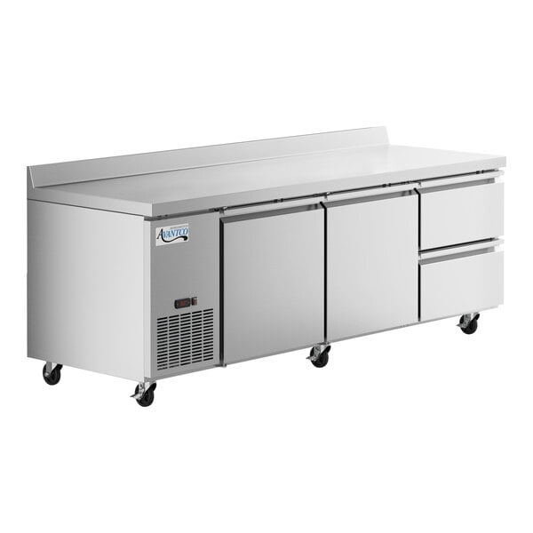 An Avantco stainless steel worktop refrigerator with 2 drawers and 2 doors.