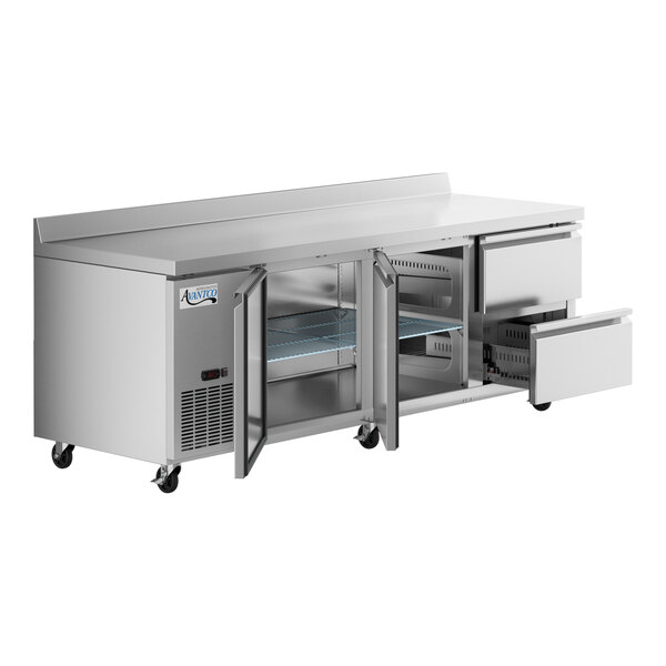 An Avantco stainless steel worktop refrigerator with 2 doors and 2 drawers.